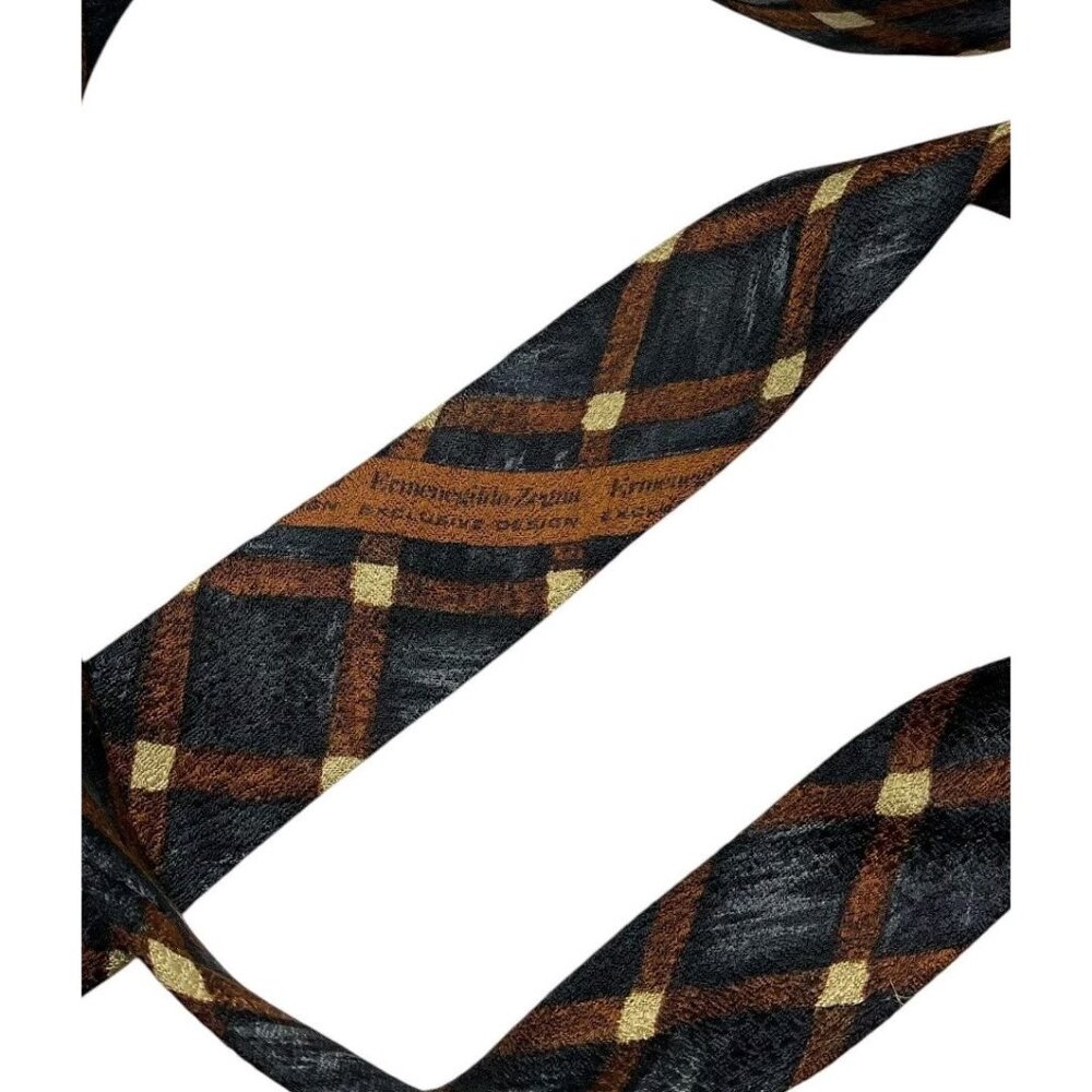 ERMENEGILDO ZEGNA Men's Silk Necktie LUXURY Gray Brown Geometric W:3.8" EUC - Picture 4 of 6